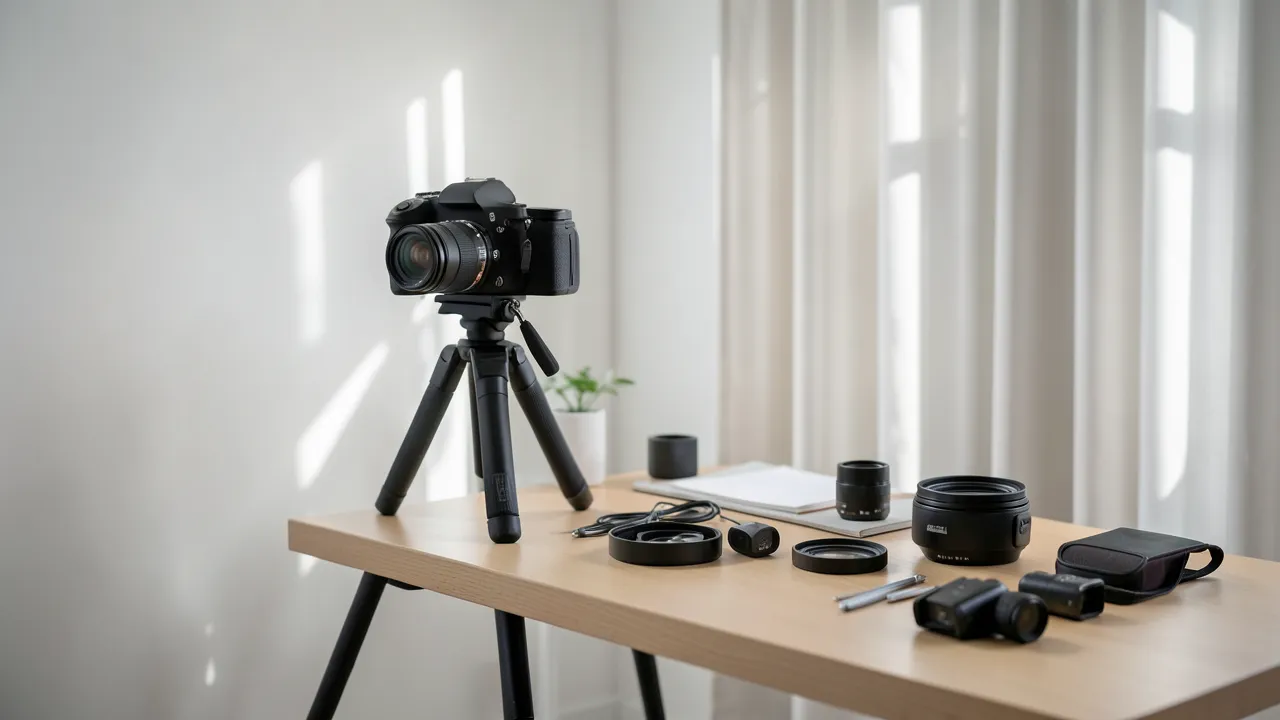 Person am Schreibtisch in einem minimalistischen Fotostudio, eine Kamera auf einem Stativ, weiches Licht durch Vorhänge und eine aufgeräumte Arbeitsfläche mit Fototechnik.